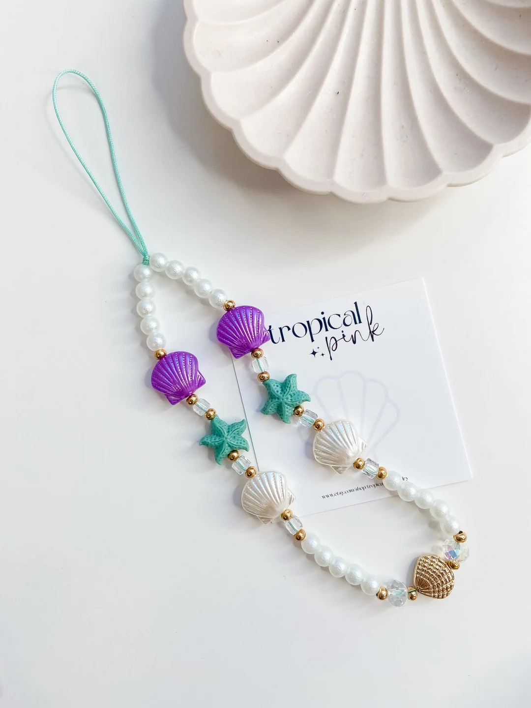 Siren Cell Phone Charm Mermaid Starfish Clam Pearl Beaded Phone Strap Stone Powder Beads Beach Th... | Etsy (US)