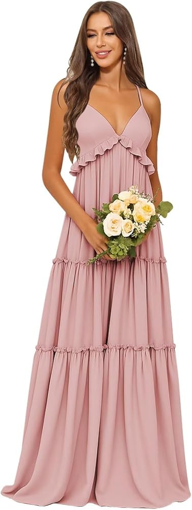 TORYEMY Tiered Chiffon Bridesmaid Dresses for Women Long A Line Halter Formal Evening Dress Spagh... | Amazon (US)