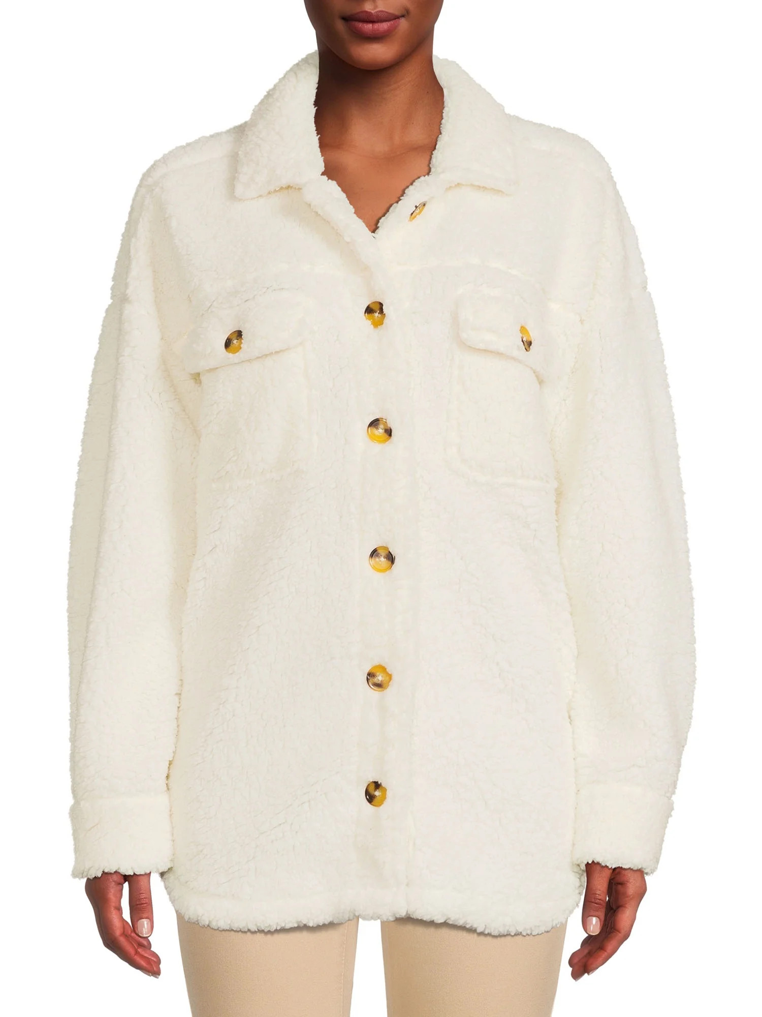 No Boundaries Juniors’ Faux Sherpa Shacket | Walmart (US)