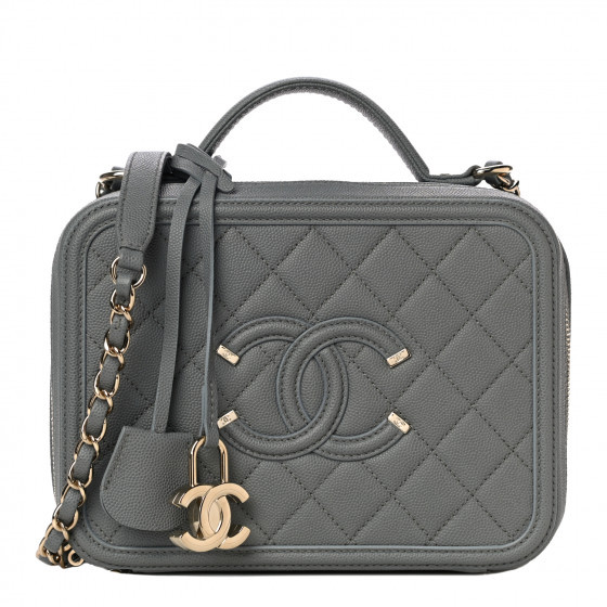 CHANEL Caviar Quilted Medium CC Filigree Vanity Case Grey | Fashionphile