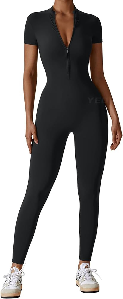 YEOREO Women Workout Jumpsuit Zip Up Romper Bottom Pants Long Sleeve Bodysuit Bodycon Sexy One Pi... | Amazon (US)