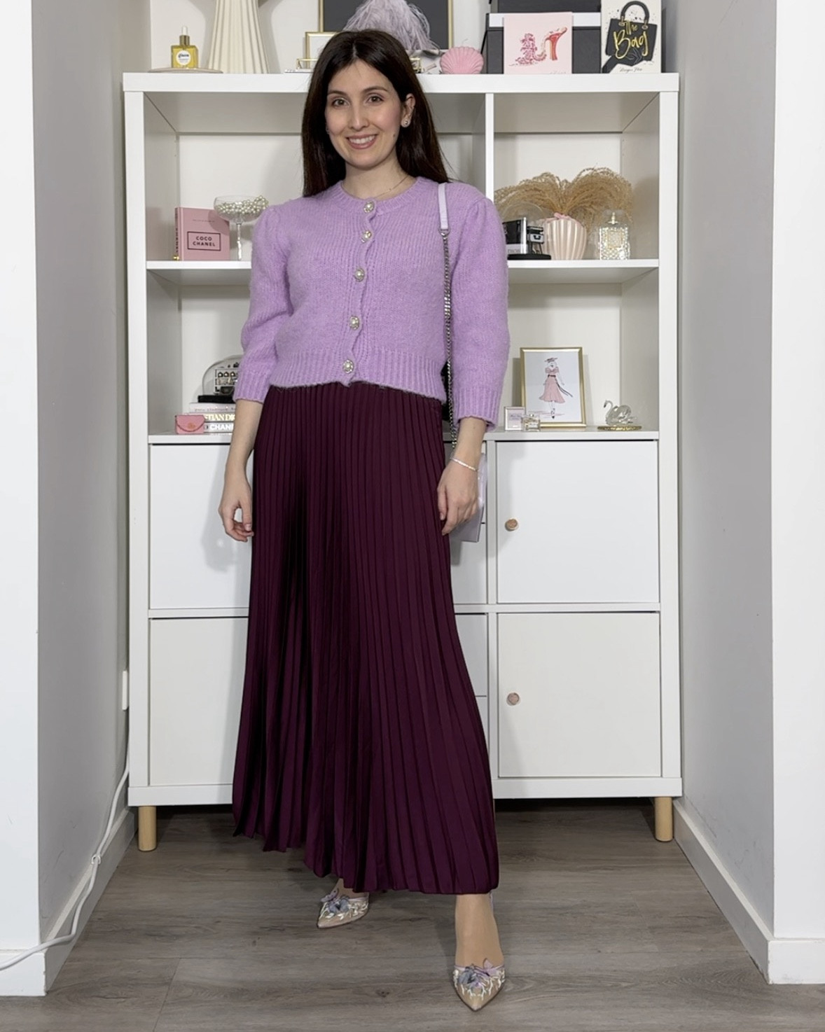 Proof that you can wear your Bella Belle Eve shoes all year round, outfit 3 out of 4! 

These butterfly shoes have a lavender colour so they much very well with lilac and plum/wine shades. For this look I combined a lilac knitted cardigan with a long satin maxi skirt in wine colour. A lavender bag and a plum colour coat finished the look.

Would you wear it?

#LTKshoes #LTKwinter #LTKpetite