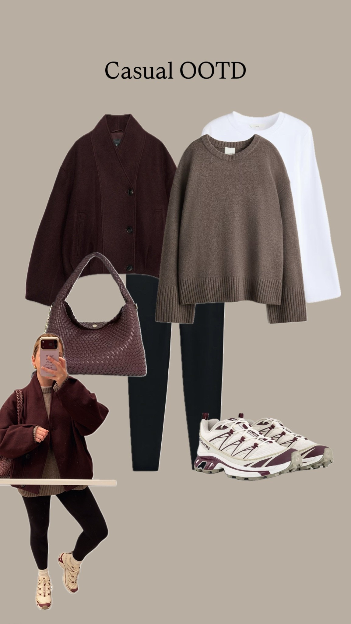 Casual ootd / school run outfit idea with leggings and Salomon trainers 

Jacket: xs
Jumper: small
Long sleeve t-shirt: small
Leggings: xxs