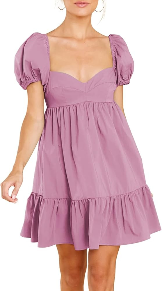 BELONGSCI Women's Summer Cute Dress Sweetheart Neckline Puff Sleeve Ruffle A-Line Casual Loose Flowy | Amazon (US)