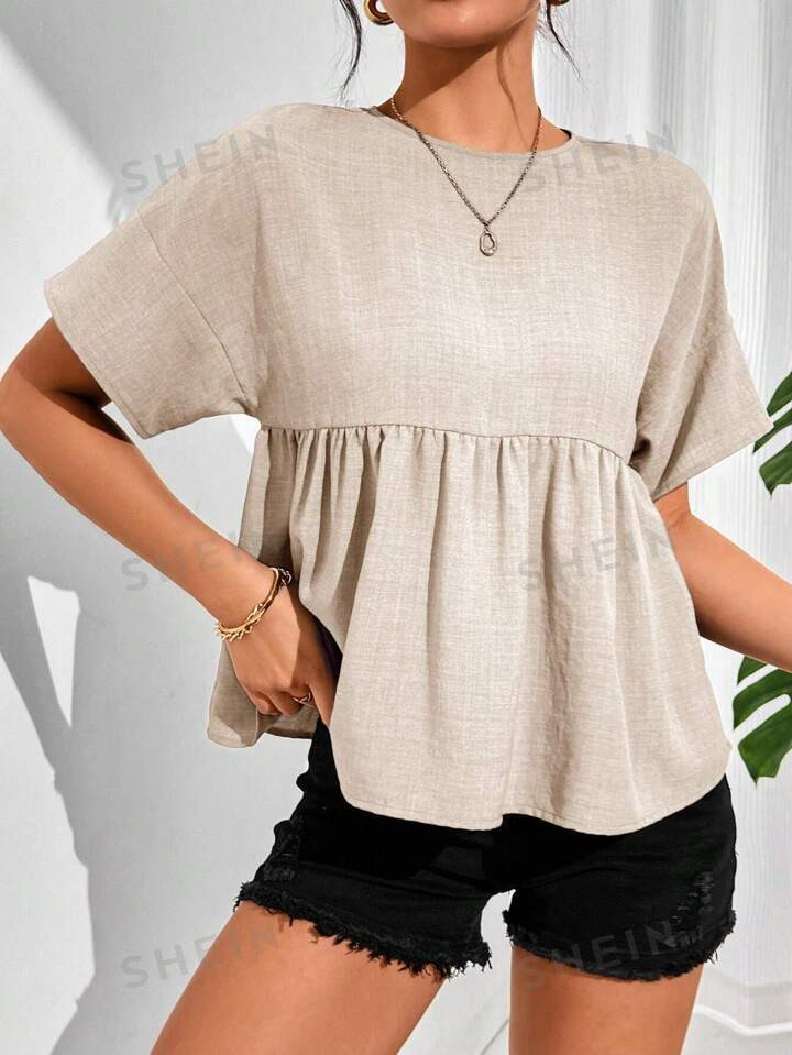 SHEIN Essnce Women's Summer Solid Color Round Neck Batwing Sleeve Loose Blouse With Ruffled Hemli... | SHEIN