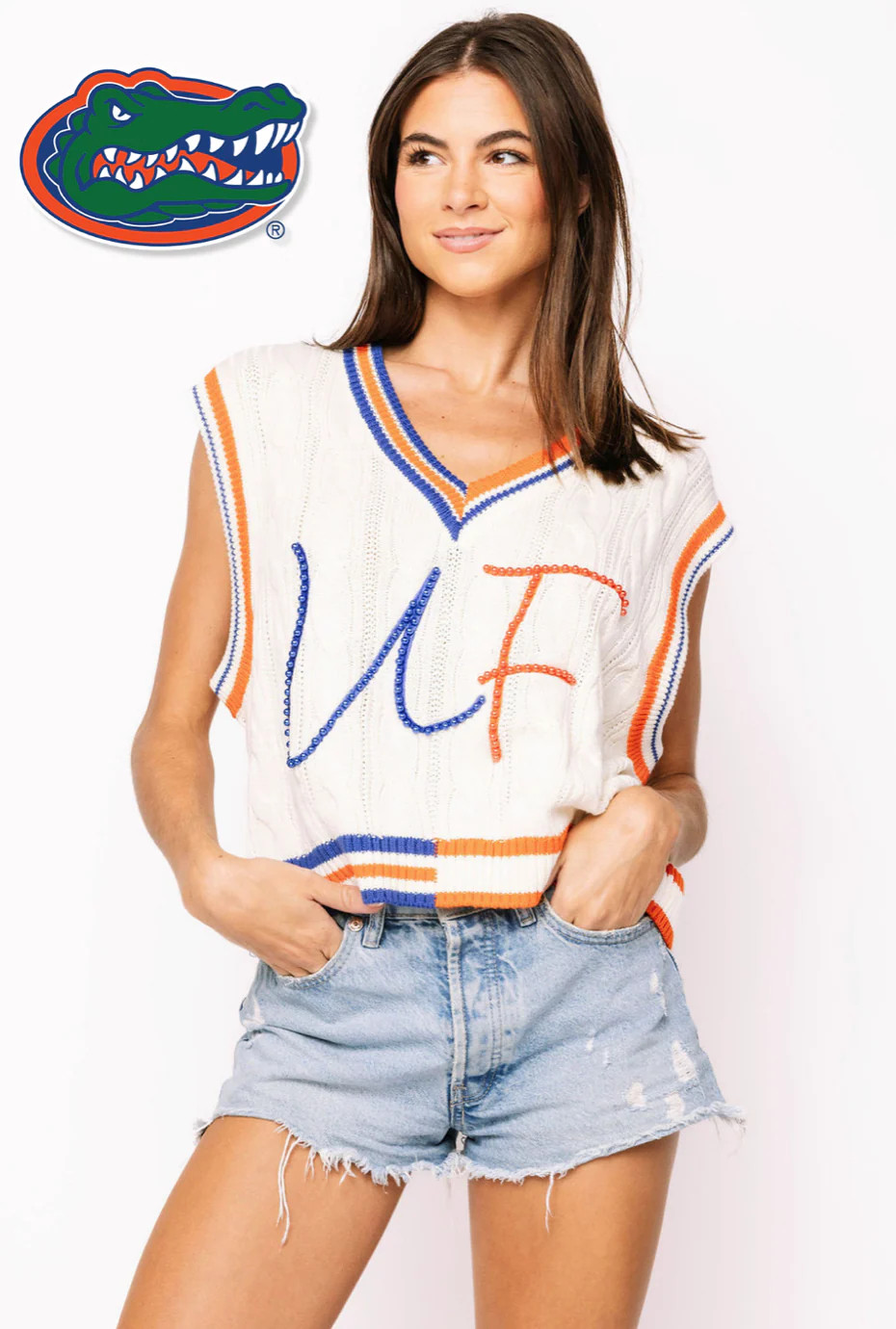 Licensed Sample - White, Royal & Orange Pearl 'UF' V Neck Sweater Vest | Queen of Sparkles