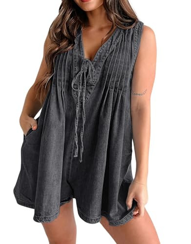 CHARTOU Women Summer Denim Overalls Shorts Romper Jean Jumpsuit Sleeveless Shortalls Flowy Ruffle Romper Pockets (Medium,Dark grey) | Amazon (US)