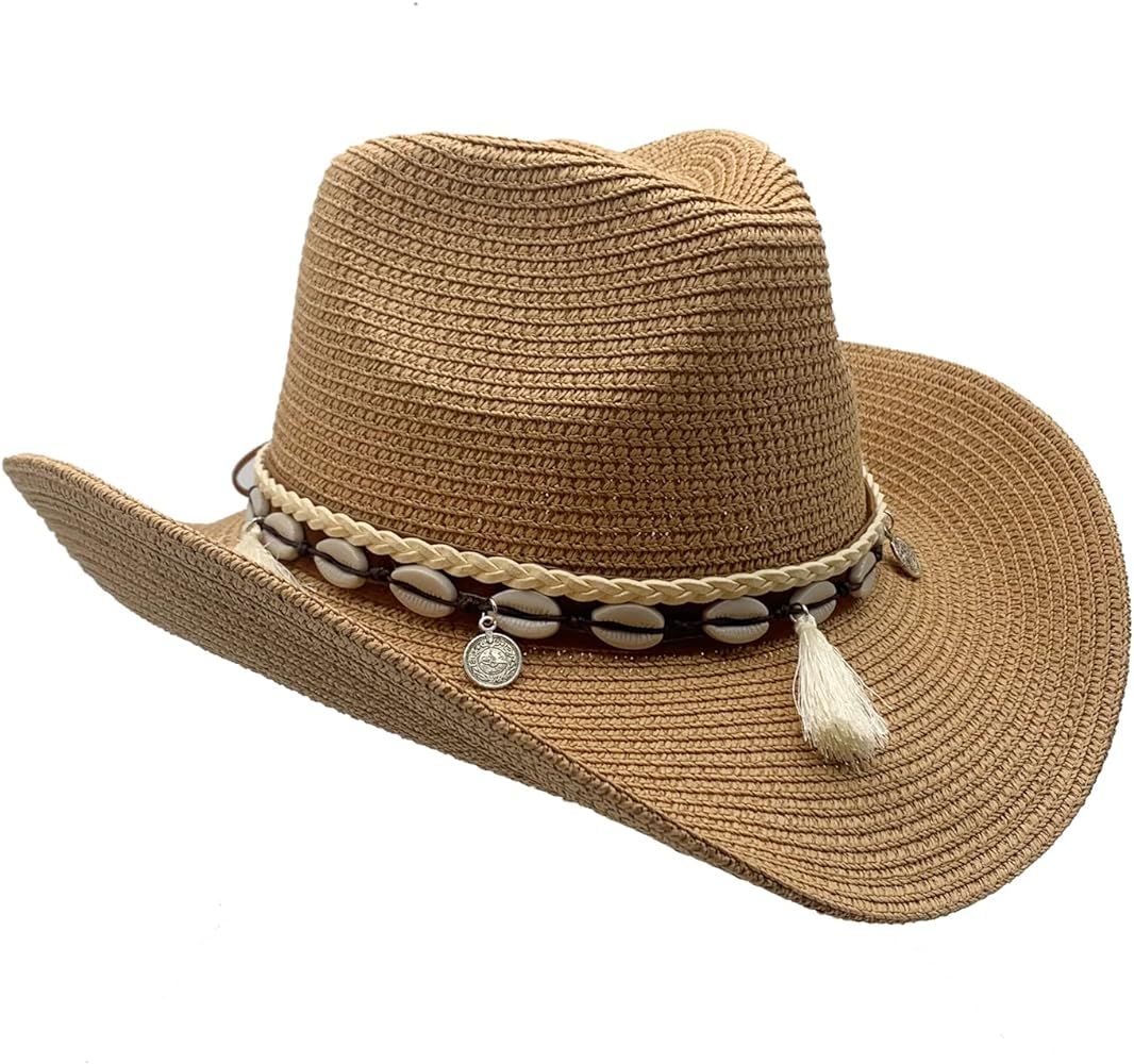 Western Straw Cowboy Hat for Women Beach Sun Hat for Men Wide Brim Fedora Hat Cowgirl Hats Summer... | Amazon (US)