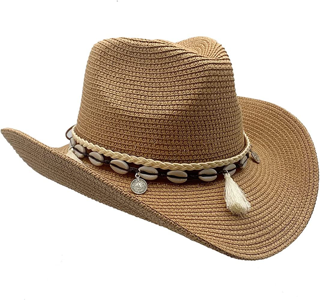 Western Straw Cowboy Hat for Women Beach Sun Hat for Men Wide Brim Fedora Hat Cowgirl Hats Summer... | Amazon (US)