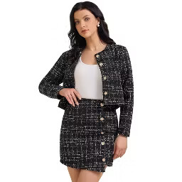 INSPIRE CHIC Women's Plaid Tweed Button Down Long Sleeve Mini Skirt Blazer Sets 2PCS Medium Black | Target
