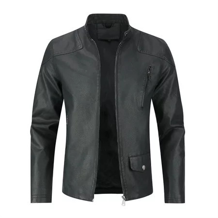 Cloudstyle Men s Smooth Leather Moto Jacket Long Sleeve Polyester | Walmart (US)