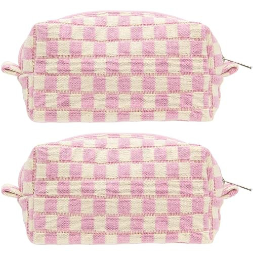 PAZIMIIK 2PCS Checkered Makeup Bag for Purse Portable Zipper Make Up Pouch Small Cosmetic Case for Travel Accessories Pink Beige | Amazon (US)