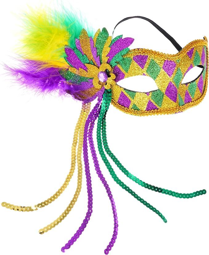 Hmxpls Mardi Gras Mask with Feathers, Masquerade Feathers Mask for Women, Venetian Carnival Cospl... | Amazon (US)