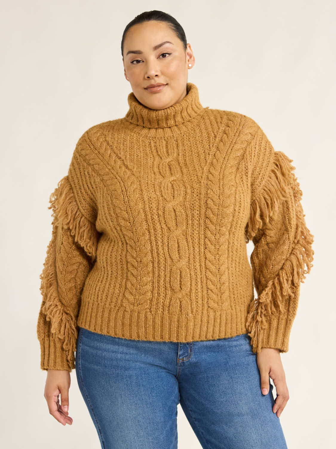 Scoop Women’s and Women's Plus Cable Knit Turtleneck Sweater with Fringe, Midweight, Sizes XS-4... | Walmart (US)
