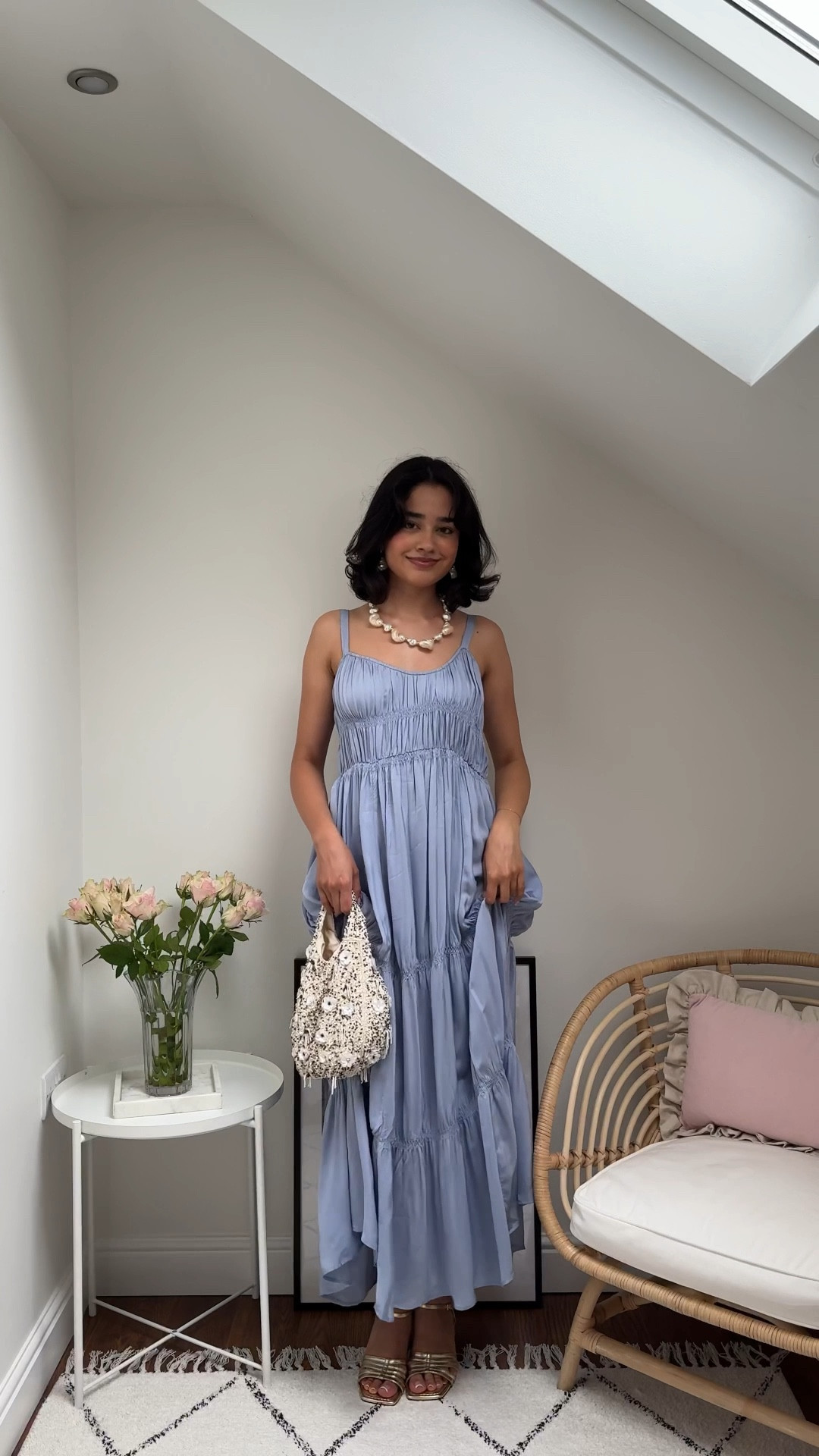 Summer evening outfit, holiday outfit, holiday dress, blue maxi dress, beaded bag, shell jewellery, holiday style, occasion dress, occasion wear, gold heeled sandals  

#LTKeurope #LTKsummer #LTKdresses