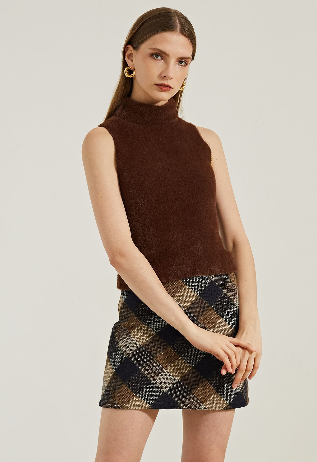High Neck Fuzzy Knit Tank Top in Brown | Chicwish