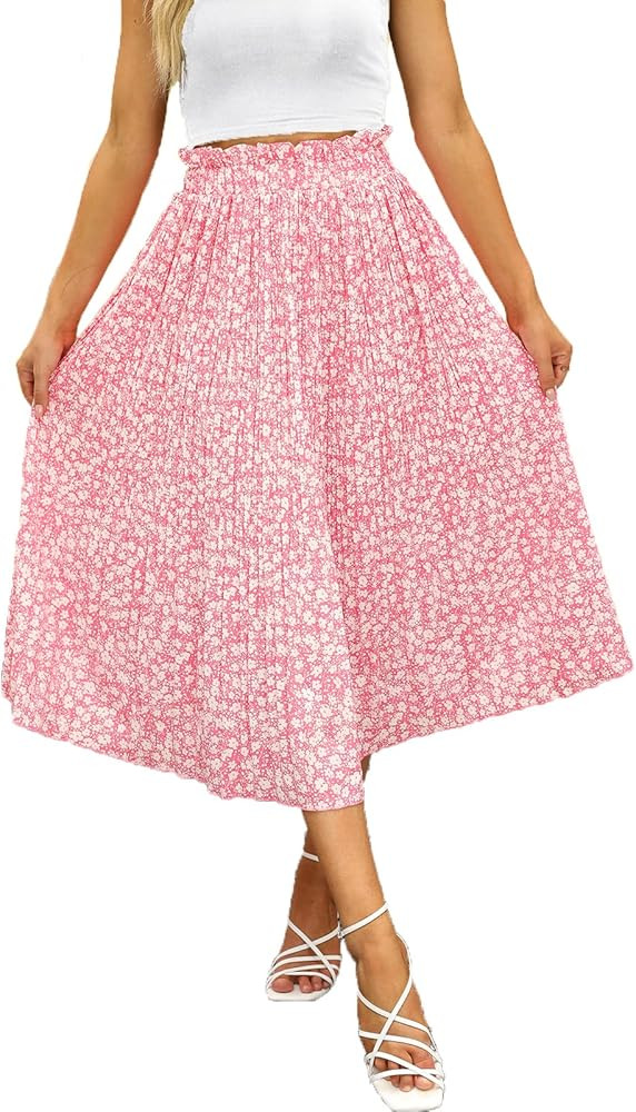 Naggoo Women's Skirts High Elastic Waisted Casual Skirt Pleated Floral/Solid Midi Skirts with Poc... | Amazon (US)