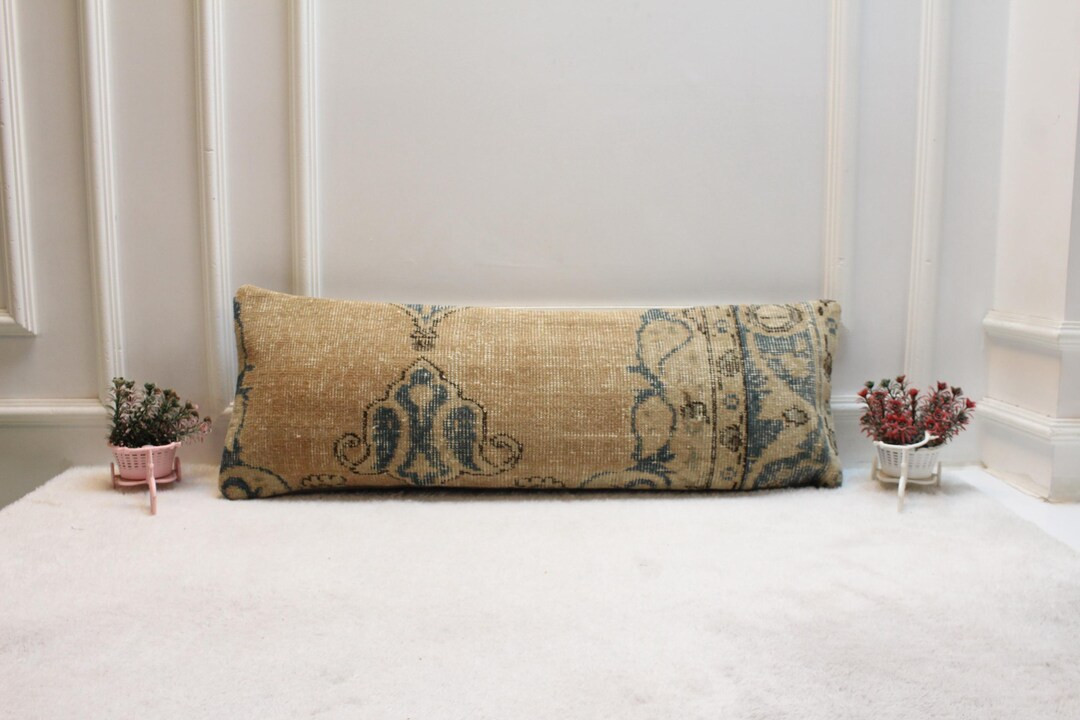 Handwoven Kilim Pillow – 12x36 In. Vintage Turkish Lumbar Cushion in Earthy Sand & Sky Blue, Tr... | Etsy (US)