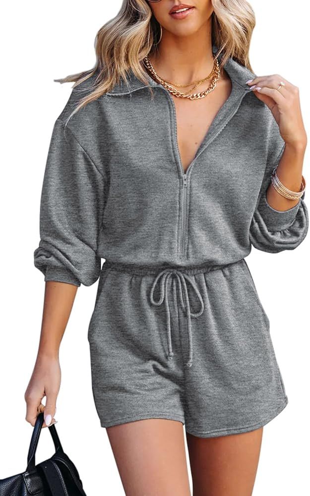 Fixmatti Women Zip up Romper Long Sleeve V Neck Drawstring Waist Casual Shorts Jumpsuit with Pockets | Amazon (US)