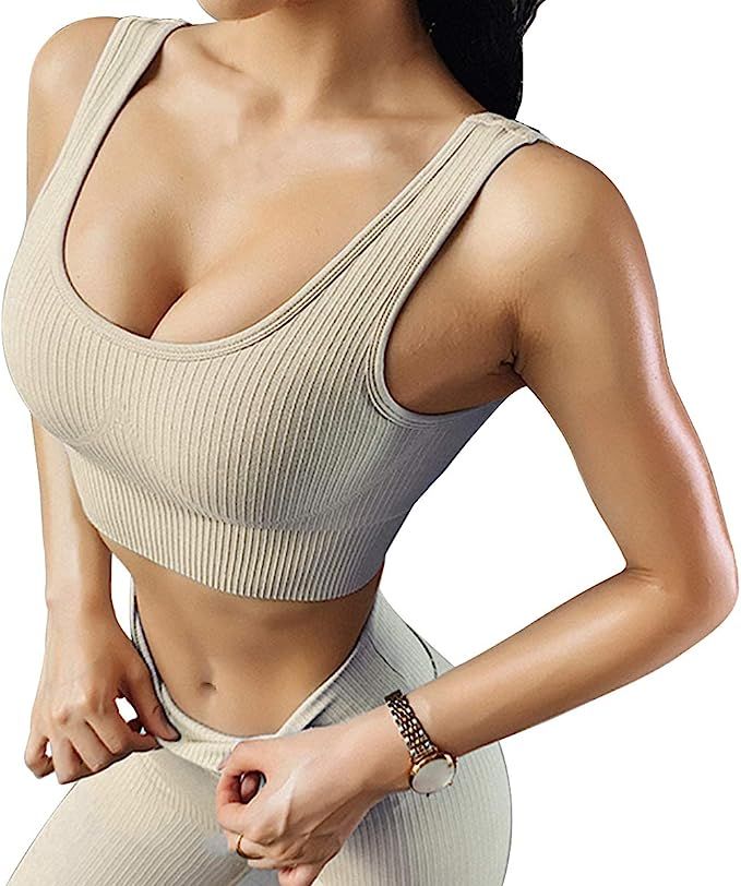 Jetjoy Exercise Outfits for Women 2 Pieces Ribbed Seamless Yoga Outfits Sports | Amazon (US)