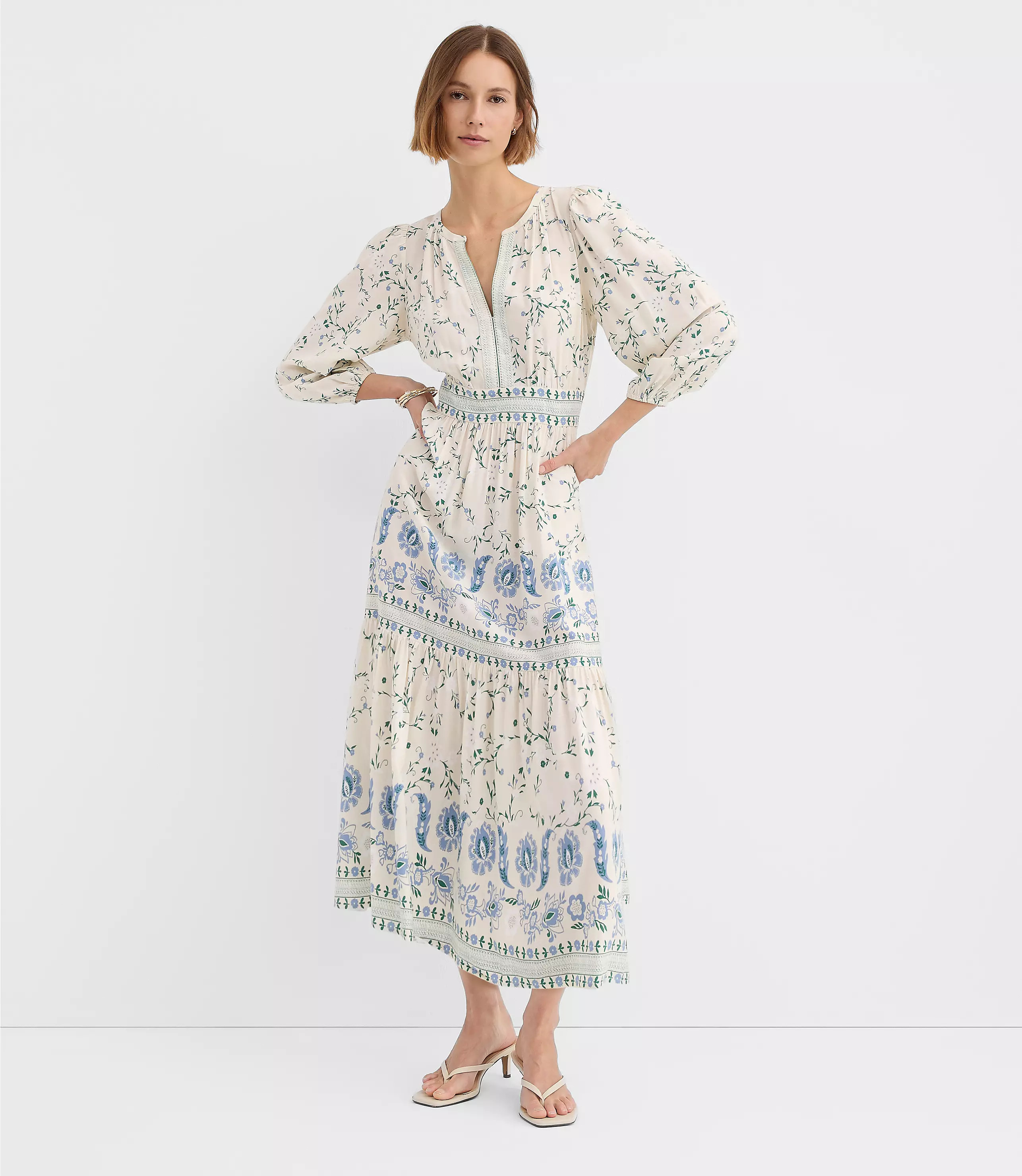 Border Floral Flounce Midi Dress | LOFT