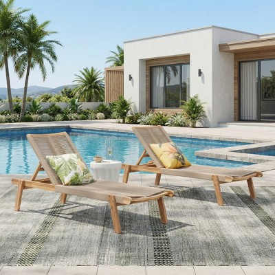 ModernLuxe Outdoor Chaise Lounge Set of 2, Acacia Wood Frame Rope Sun Loungers with Adjustable Backrest, Teak Finish Patio Recliner Pool Lounge Chairs | Target