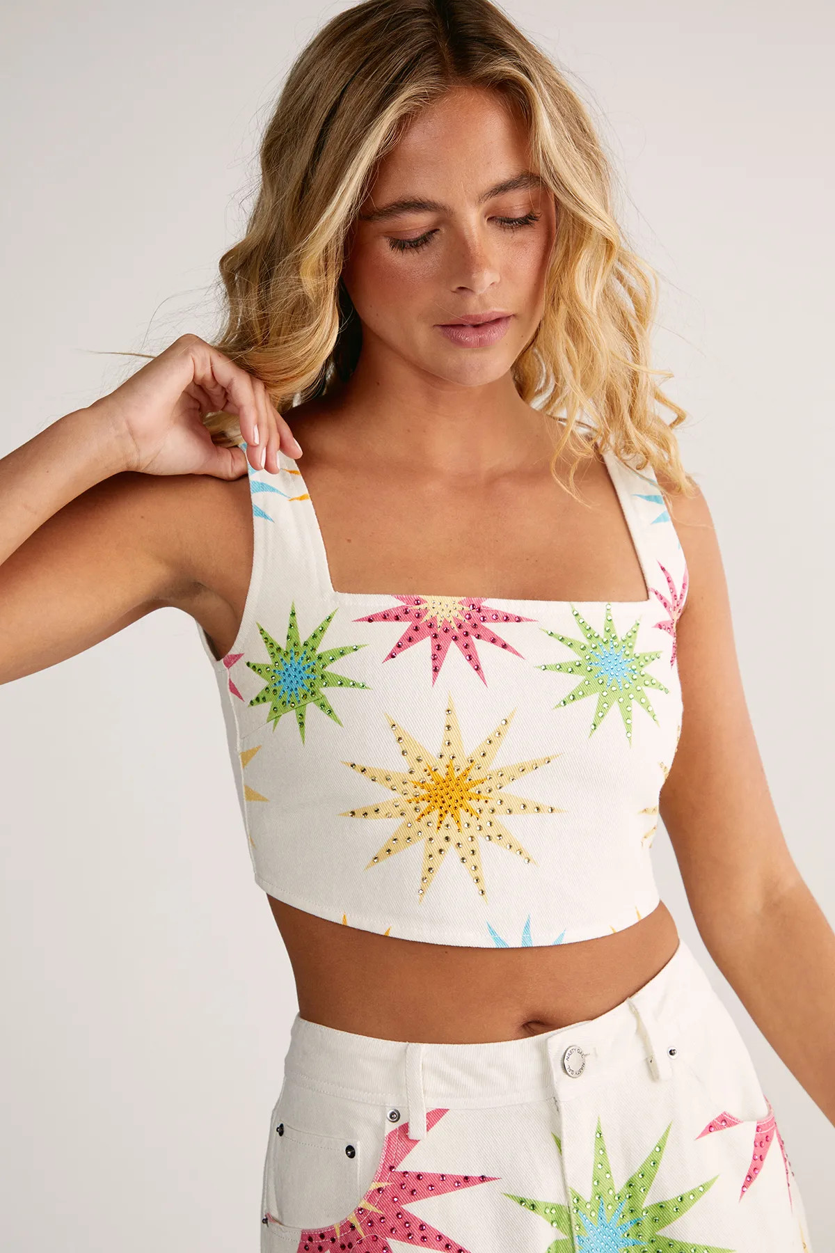 Ecru Embellished Star Detail Denim Crop Top | Nasty Gal USA | Nasty Gal US