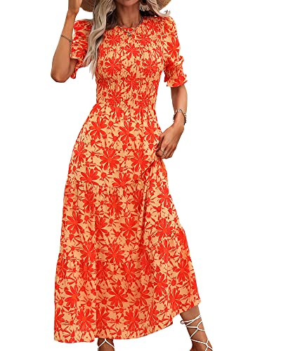 BTFBM Women Casual Summer Dresses 2023 Spring Crew Neck Ruffle Short Sleeve Floral Print Smocked ... | Amazon (US)