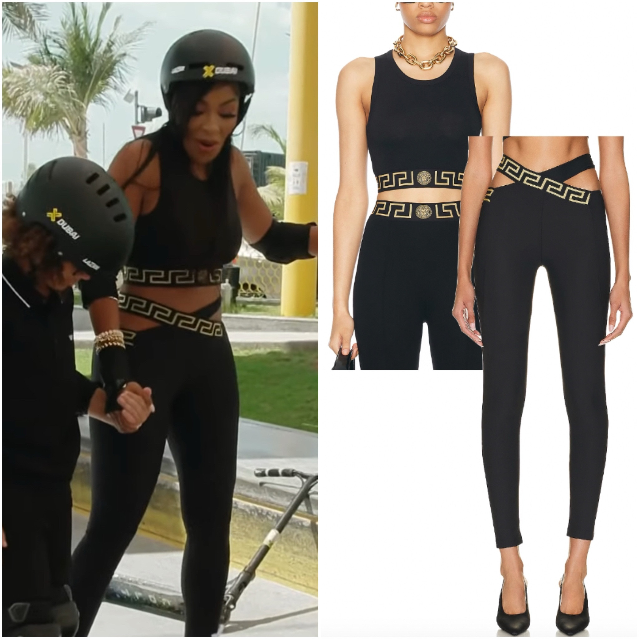 Caroline Brooks’ Black and Gold Crop Top and Leggings 