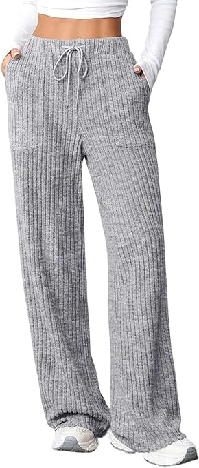 Aleumdr Womens Ribbed Wide Leg Lounge Pants with Pockets Casual Relaxed Comfy Loose Soft Knit Paj... | Amazon (US)