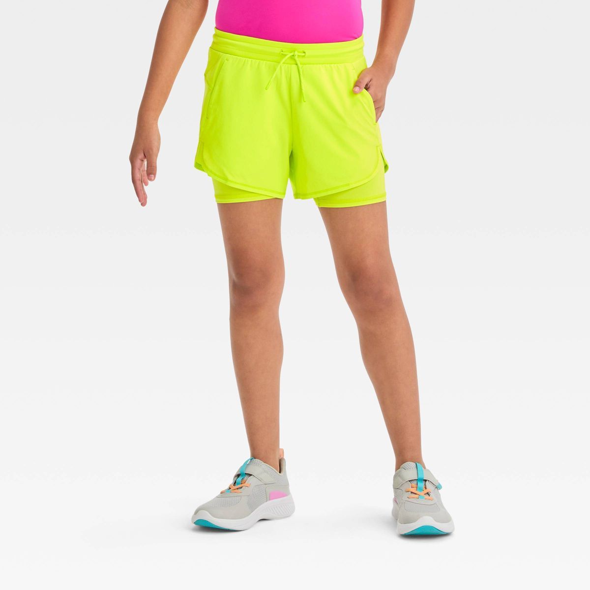 Girls' Double Layered Run Shorts - All in Motion™ Lime Green S | Target