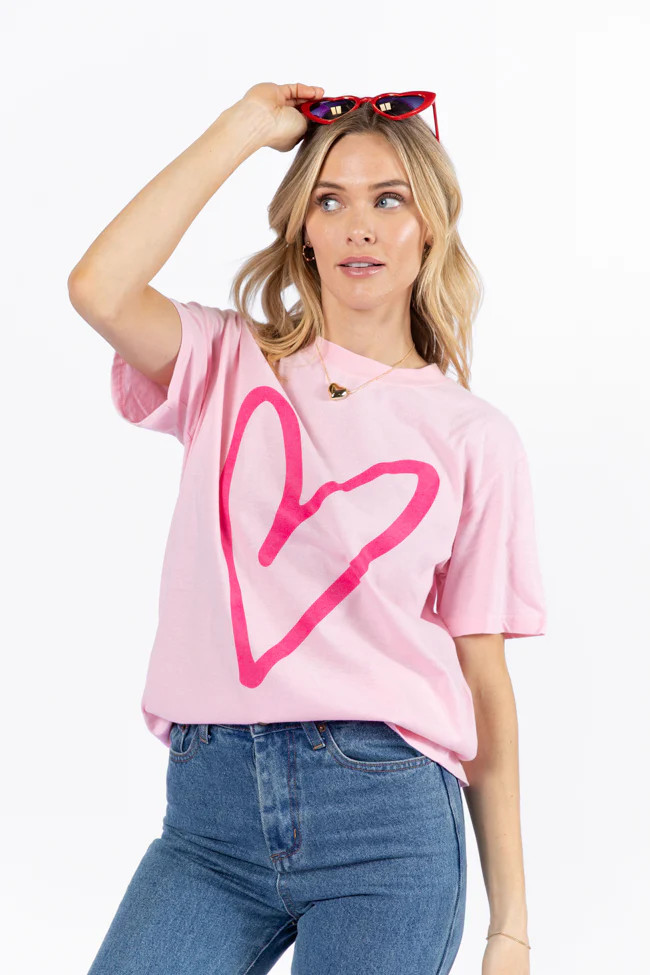 Heart Sketch Light Pink Oversized Graphic Tee | Pink Lily