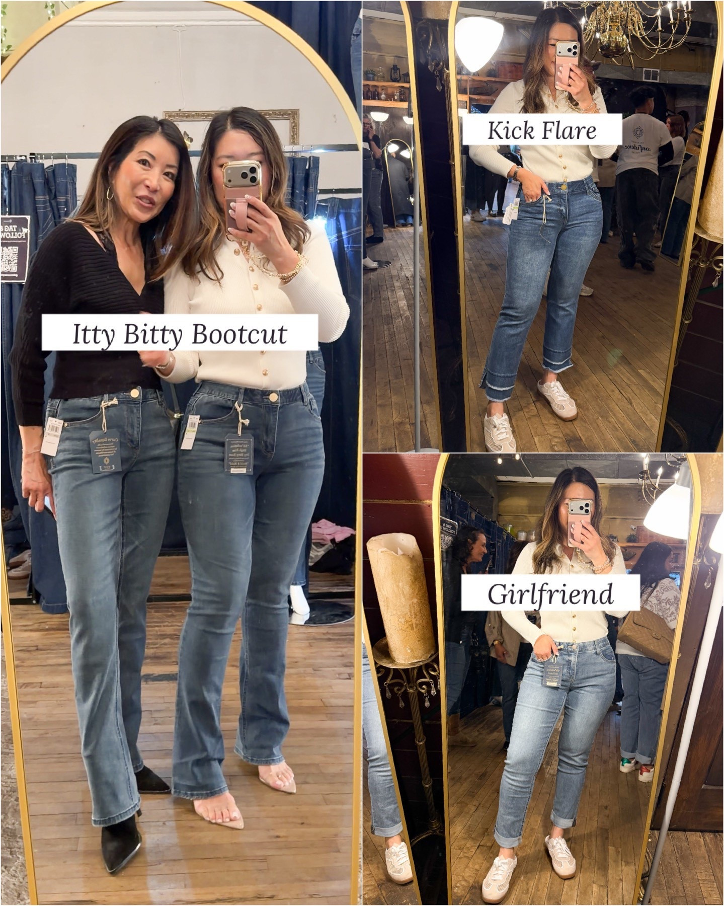 Democracy Denim have amazing Absolution technology! You can generally size down esp if you have a small waist and bigger booty like me!

Itty Bitty Bootcut: 4R
Kick Flare: 4R
Girlfriend: 4P