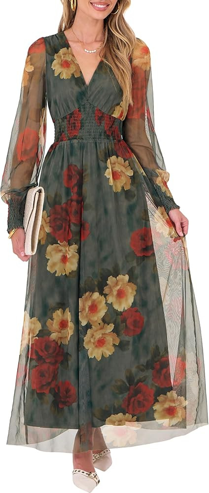 ANRABESS Women's Floral Maxi Dress 2025 Fall V Neck Puff Long Sleeve Flowy Casual Wedding Guest T... | Amazon (US)