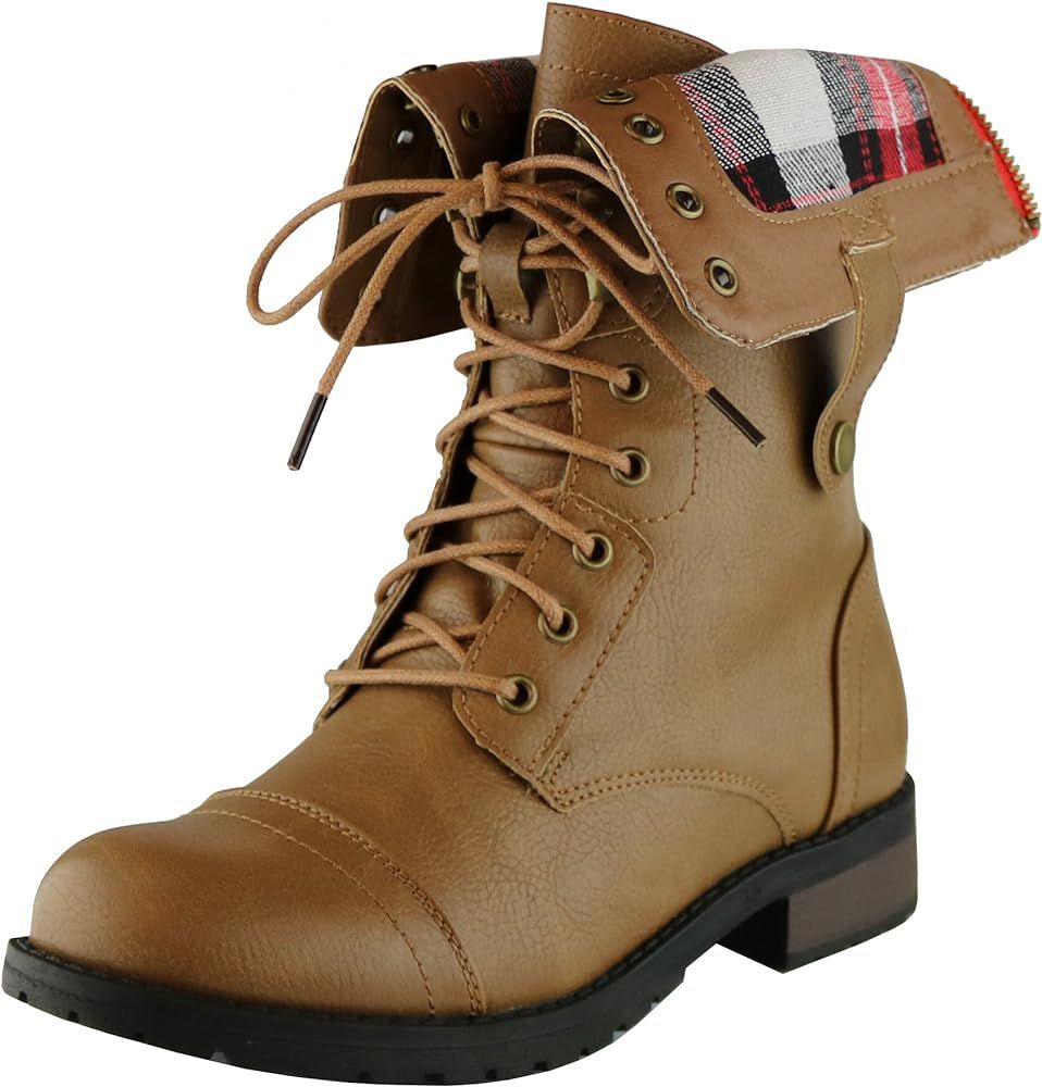Cambridge Select Women's Combat Military Foldable Plaid Cuff Mid Calf Ankle Boot | Amazon (US)
