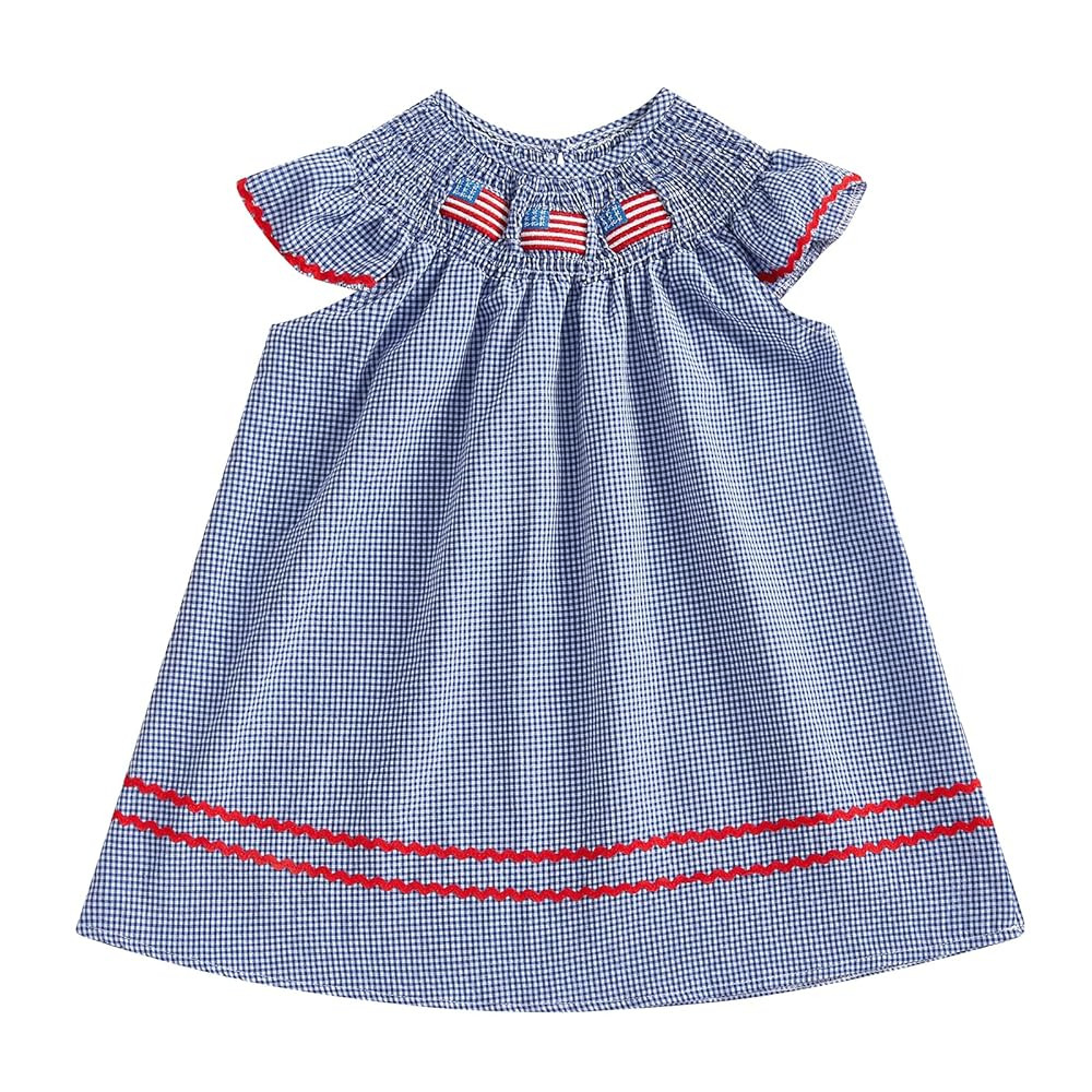 Girls 4th of July Outfit Cute Flying Sleeve Flag Smocked Embroidery Party A-line Plaid Dress | Amazon (US)