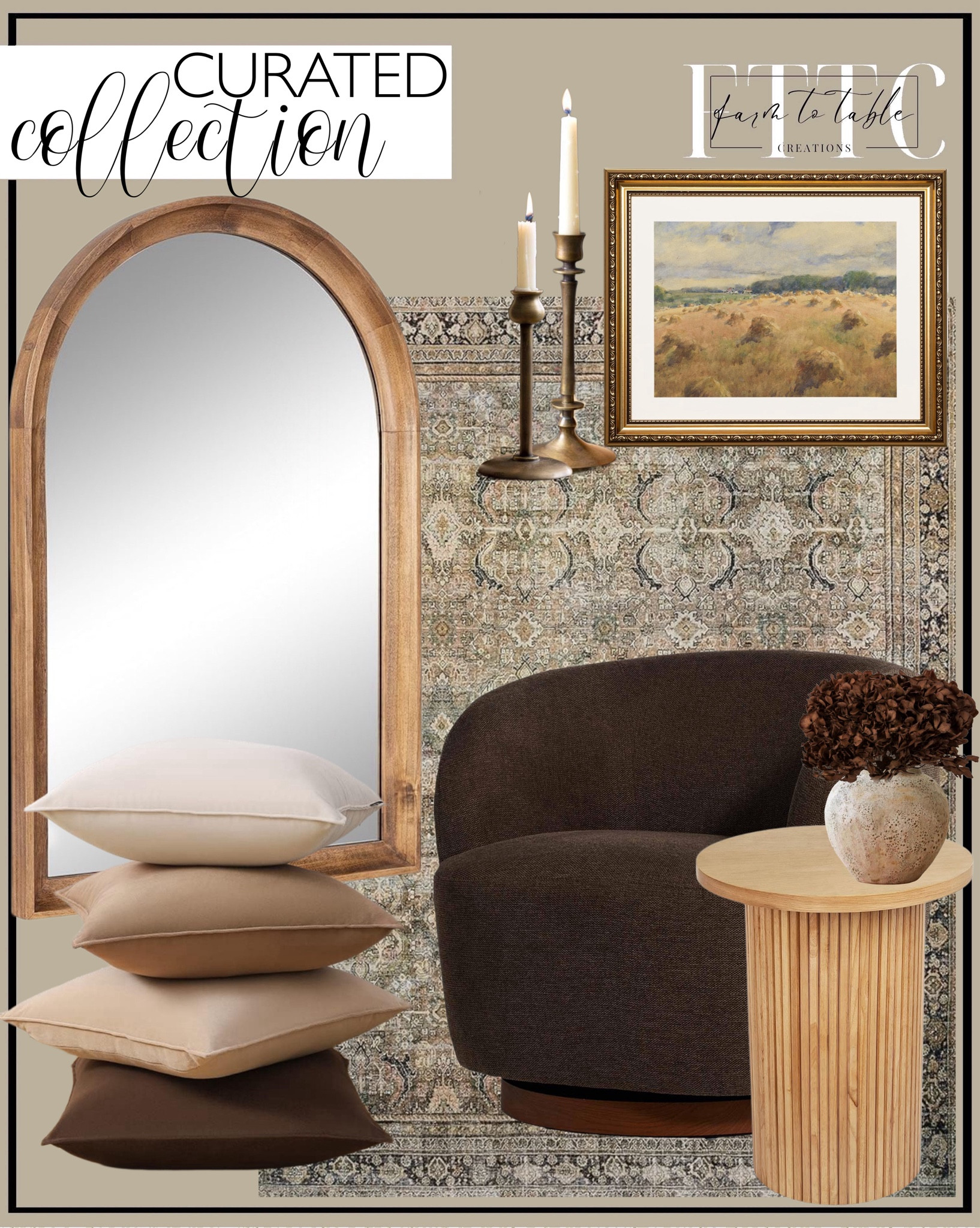 Curated Collection. Amazon Home Finds. Follow @farmtotablecreations on Instagram for more inspiration. Velvet Throw Pillow Covers 18x18 Set of 4,Solid Color Pillows Soft Decorative Square Couch Pillow Covers,Mix and Match Home Decor for Sofa Bedroom Car Couch (Brown/Beige). Loloi II Layla Olive / Charcoal. Modern Transitional Arched Wooden Wall Mirror, 20 x 30, Rustic Brown, Decorative Wood Arch Mirror for Use in Bathroom, Entryway, or Bedroom. Solid Wood End Table Round 18'' D, Wooden Accent Drum End Table, Unique Oak Pedestal Side Table, Fully Assembled, for The Living Room and Bedroom. Pcs Decorative Books for Home décor,Black and whiteshelf Decor Accents Library décor for Home Sweet Stacked Books. Vintage Gold Framed Wall Art, 13x16 inch Wheat Fields Scenery Retro Paintings, Canvas Prints Artwork with Antique Frame, Victorian Wall Picture Decor for Room Gallery Living Room. Ceramic Vase. Vickerman Brown Hydrangea 15" Long Stem, Real Preserved Dried Floral. Set of 2 Brass Taper Candle Holders, Centerpiece Table Decorative Vintage, Modern, Metal Candlestick Holders for Reception Candlelight Dinner Ornaments. 

#LTKhome #LTKfindsunder50 #LTKsalealert