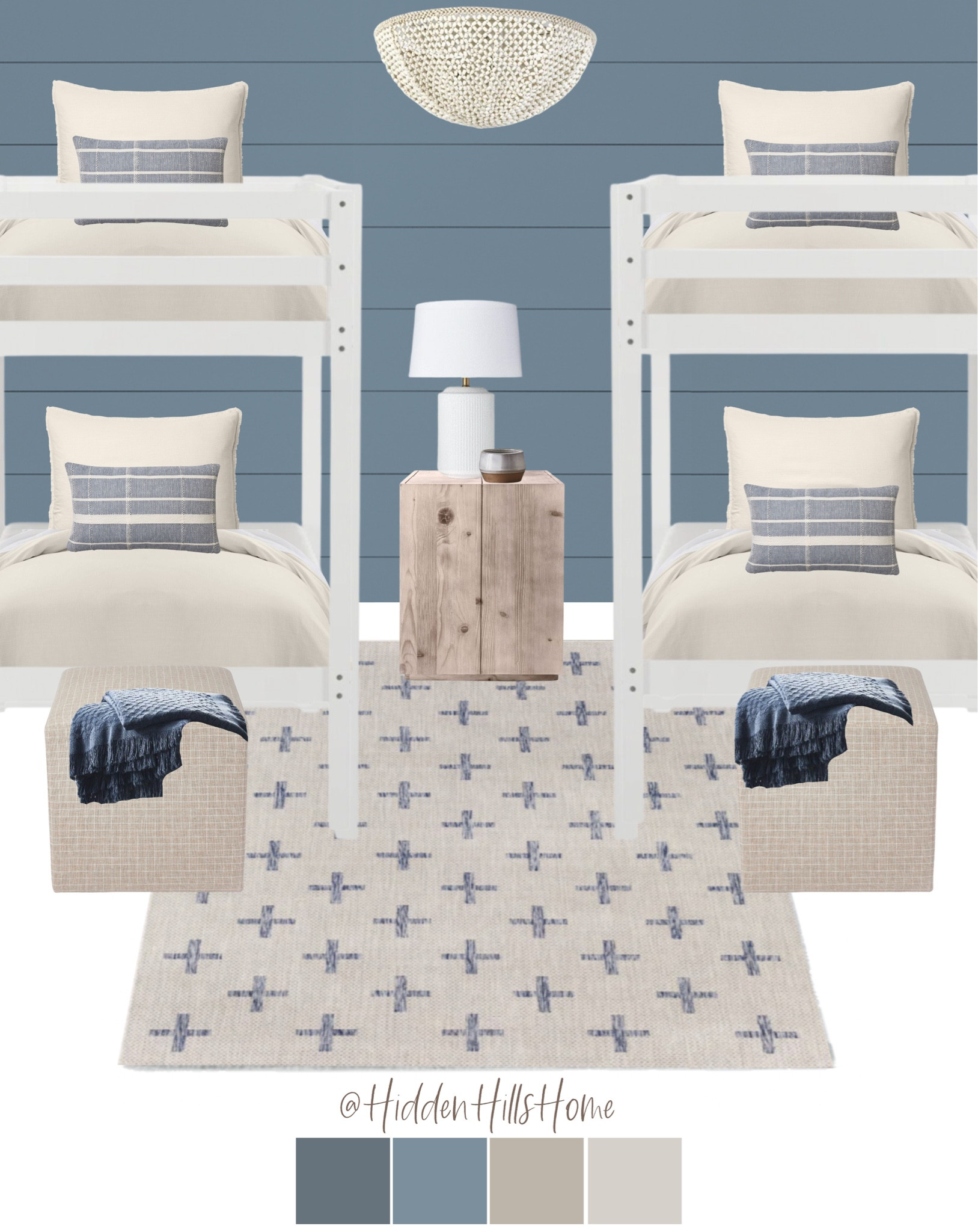 Bunk room, bunk beds, lake house bedroom, coastal bedroom decor ideas, bedroom mood board, Beach House bedroom decor ideas #bedroom #homedecor 

Paint color is Bracing Blue by Sherwin Williams 

#LTKhome #LTKkids #LTKsalealert