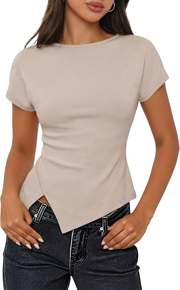 MEROKEETY Women's Summer Asymmetrical Tops 2026 Short Sleeve Boat Neck Ruched Slim Going Out T-Sh... | Amazon (US)