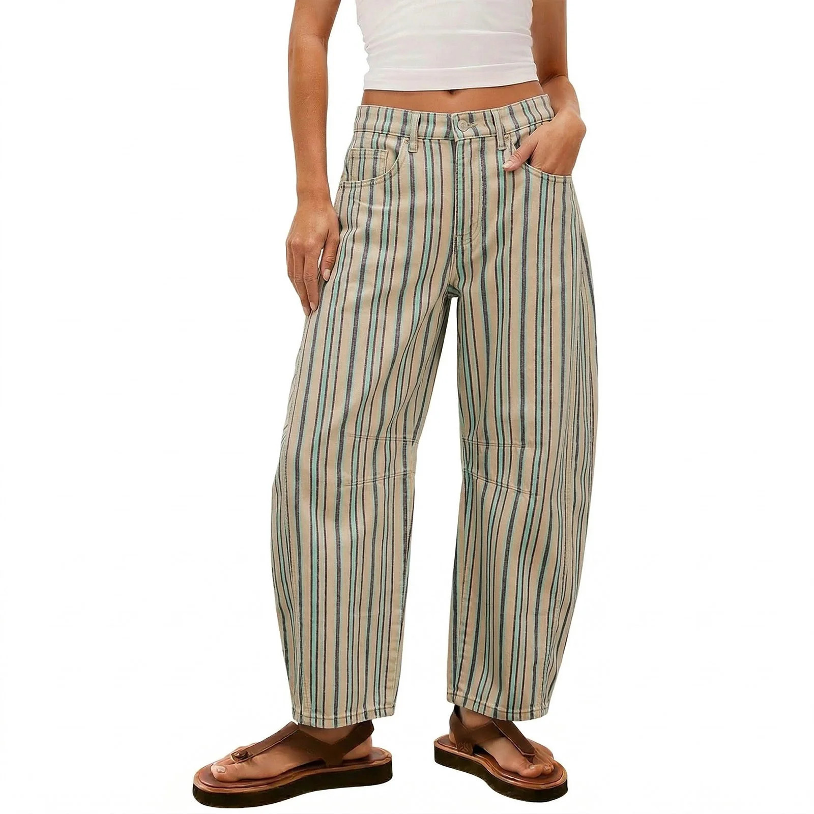 Sokhug Womens Striped Wide Leg Barrel Jeans High Waisted with Elastic Waist and Pockets Loose Fit... | Walmart (US)