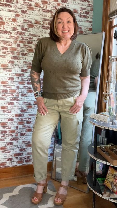 Fall greens! Puff sleeve sweater and faded olive green cargo pants  
