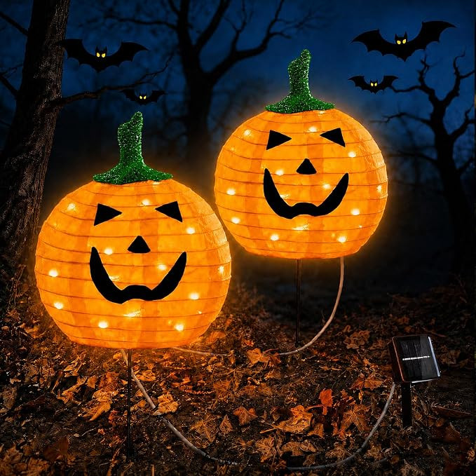 Solar Halloween Pumpkin Lights, 2 Pack Outdoor Pathway Stake Lights | 12 in Pumpkin Heads, Warm W... | Amazon (US)