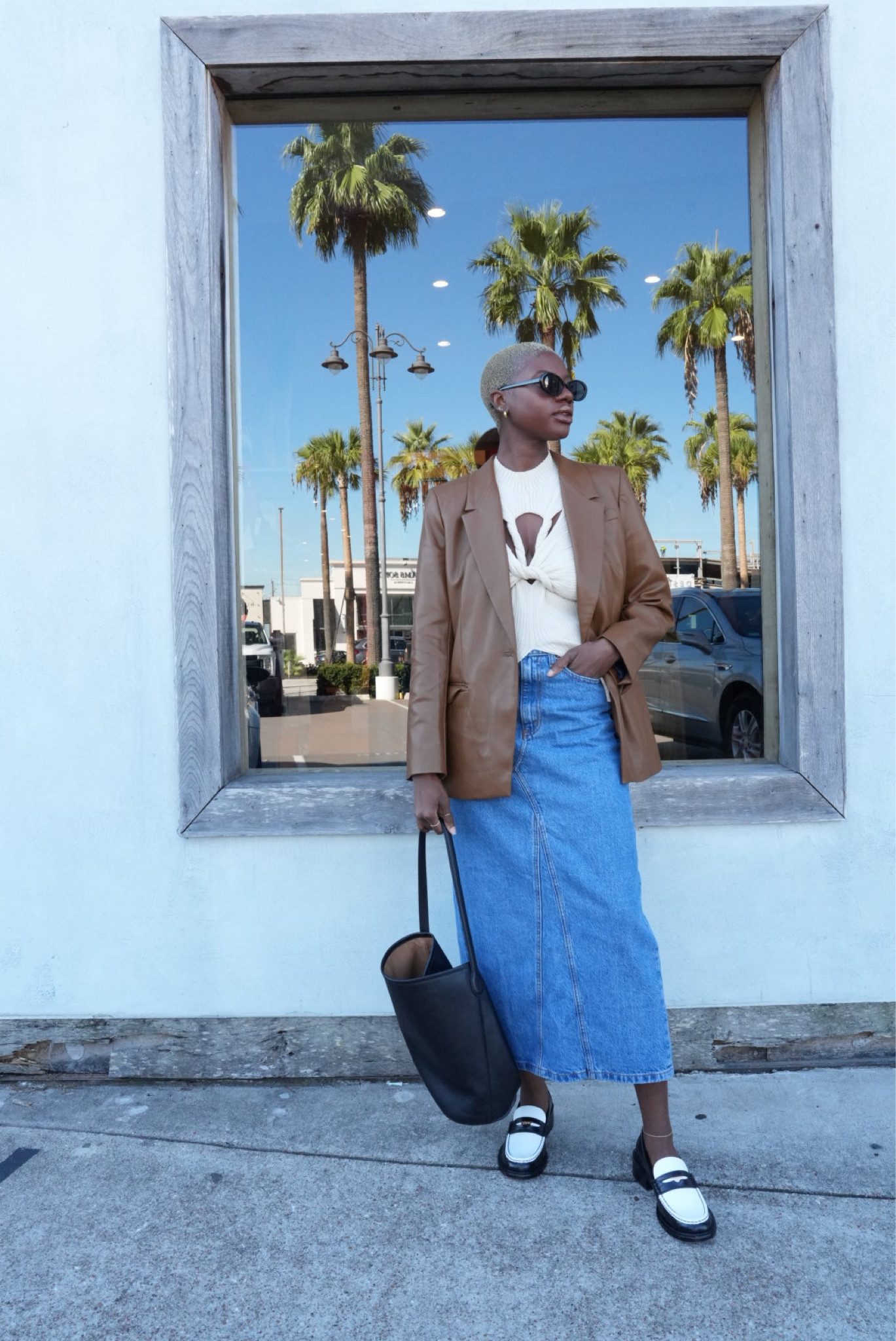 Fall outfit! Brown faux leather blazer, denim maxi skirt, black and white color block loafers, black bucket purse! 

#LTKsalealert #LTKfindsunder100 #LTKshoecrush