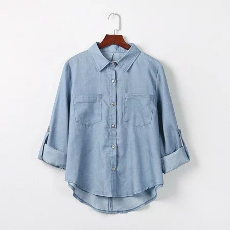 Lyinloo Womens Denim Shirt Pocket Long Sleeve V Neck Tee Casual Popular Blouse Tops | Walmart (US)