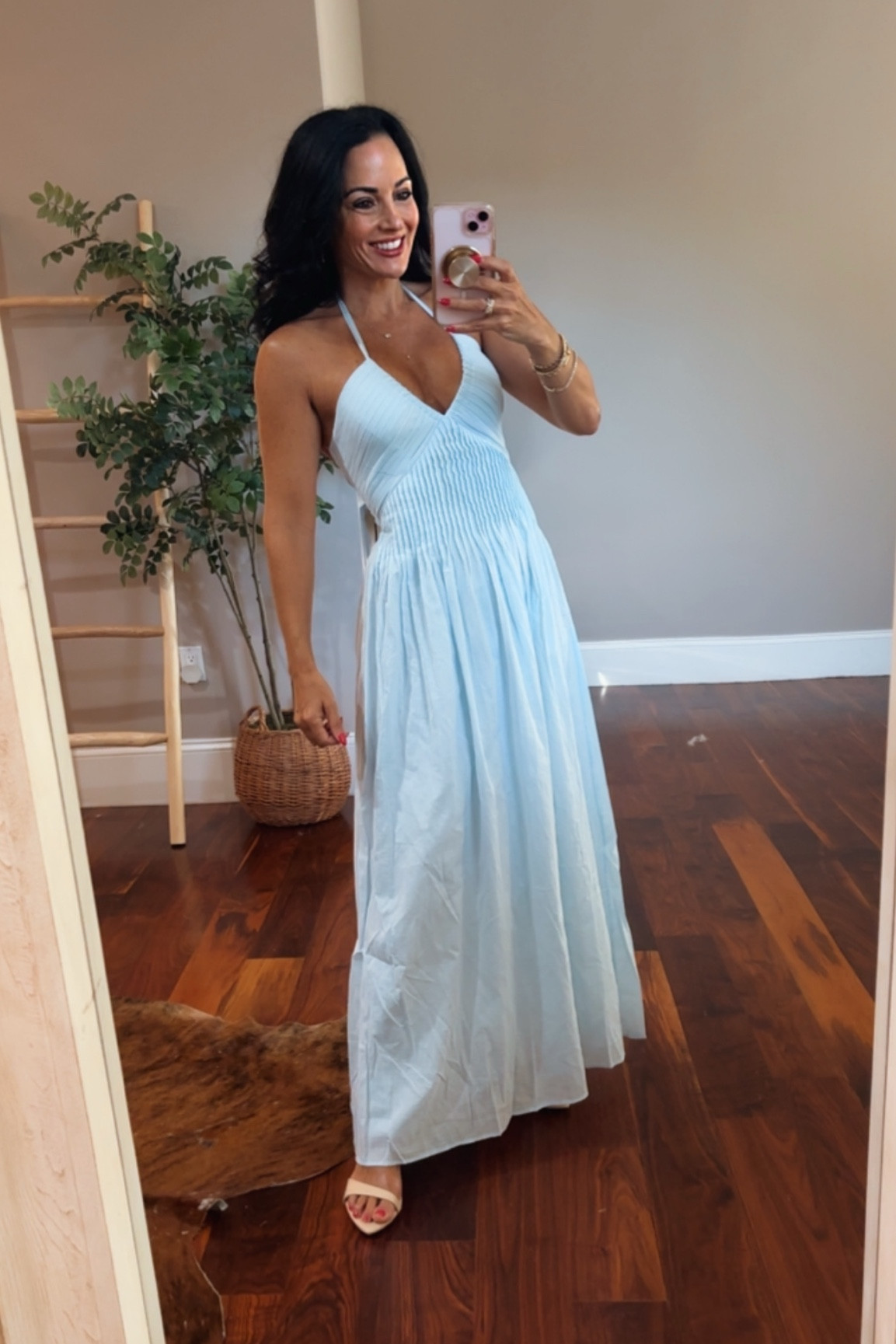 Light blue halter style dress 
Open back with tie detail 

$60 Old price$75 with code MDW20

#LTKTravel #LTKootd #LTKWedding