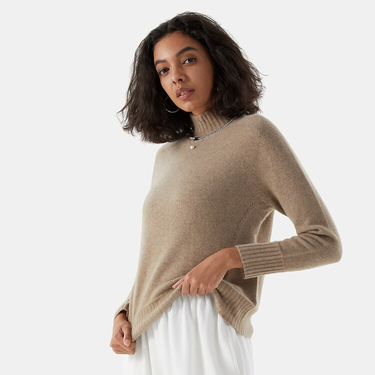 Cashmere High Neck Sweater-Camel Brown | VIVAIA