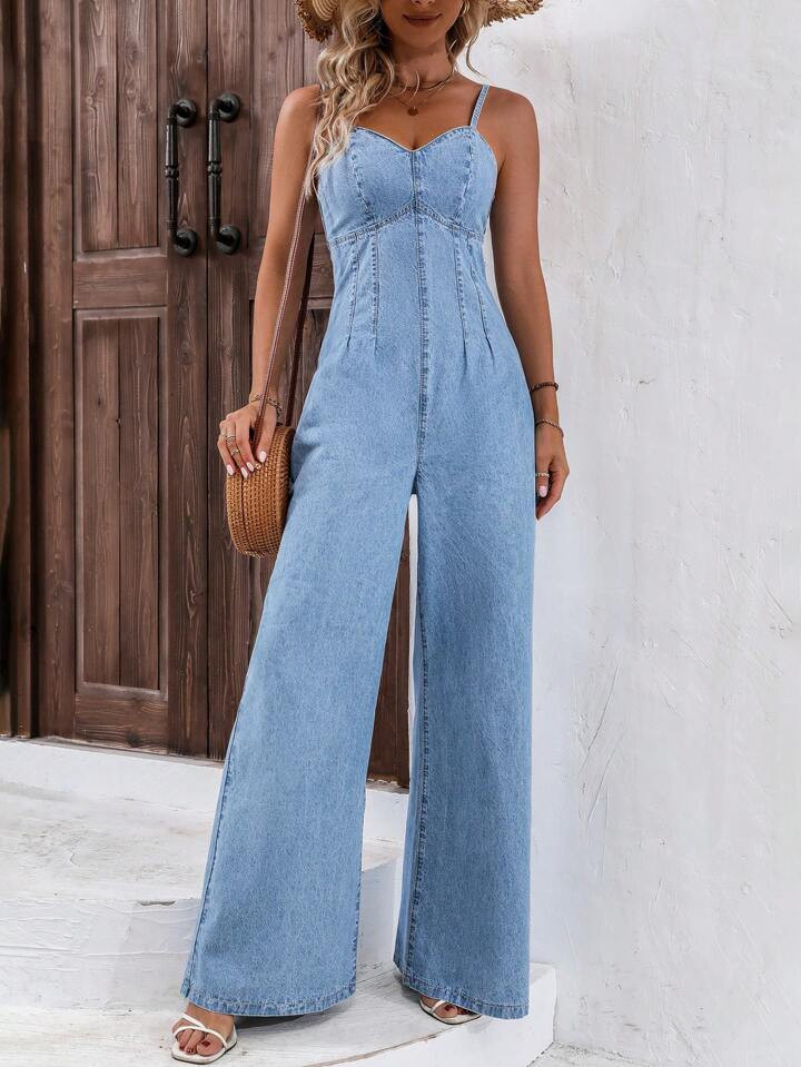 SHEIN Frenchy Zip Back Wide Leg Denim Cami Jumpsuit | SHEIN