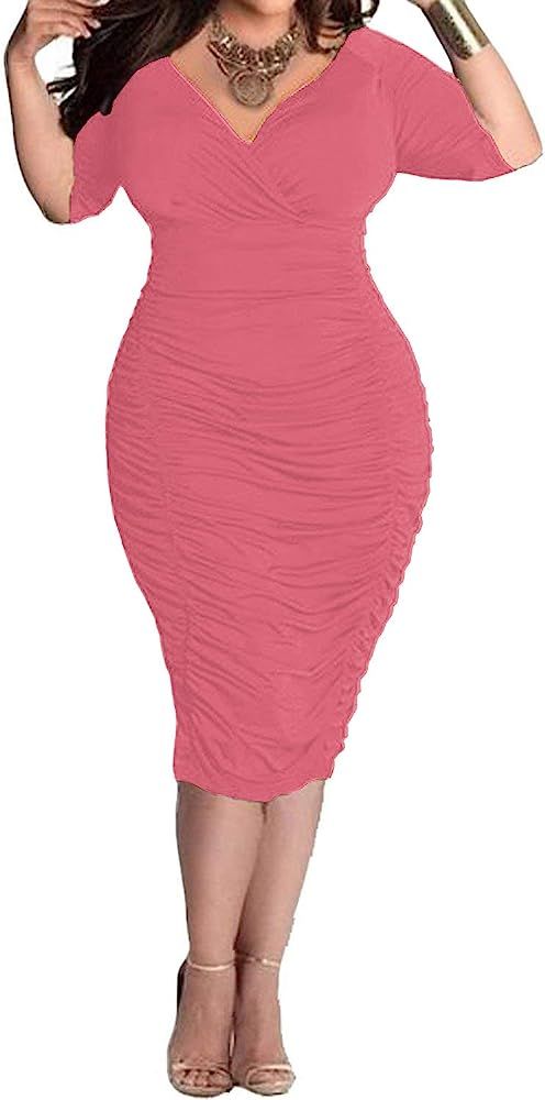 POSESHE Women's Plus Size Sexy Bodycon Party Dress Long Sleeve Midi Club Dresses | Amazon (US)