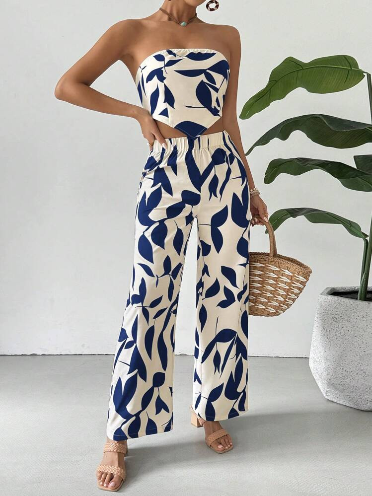 Breezaya Women's Holiday Asymmetrical Hem Plant Printed Tube Top And Pants Casual Two-Piece Set | SHEIN