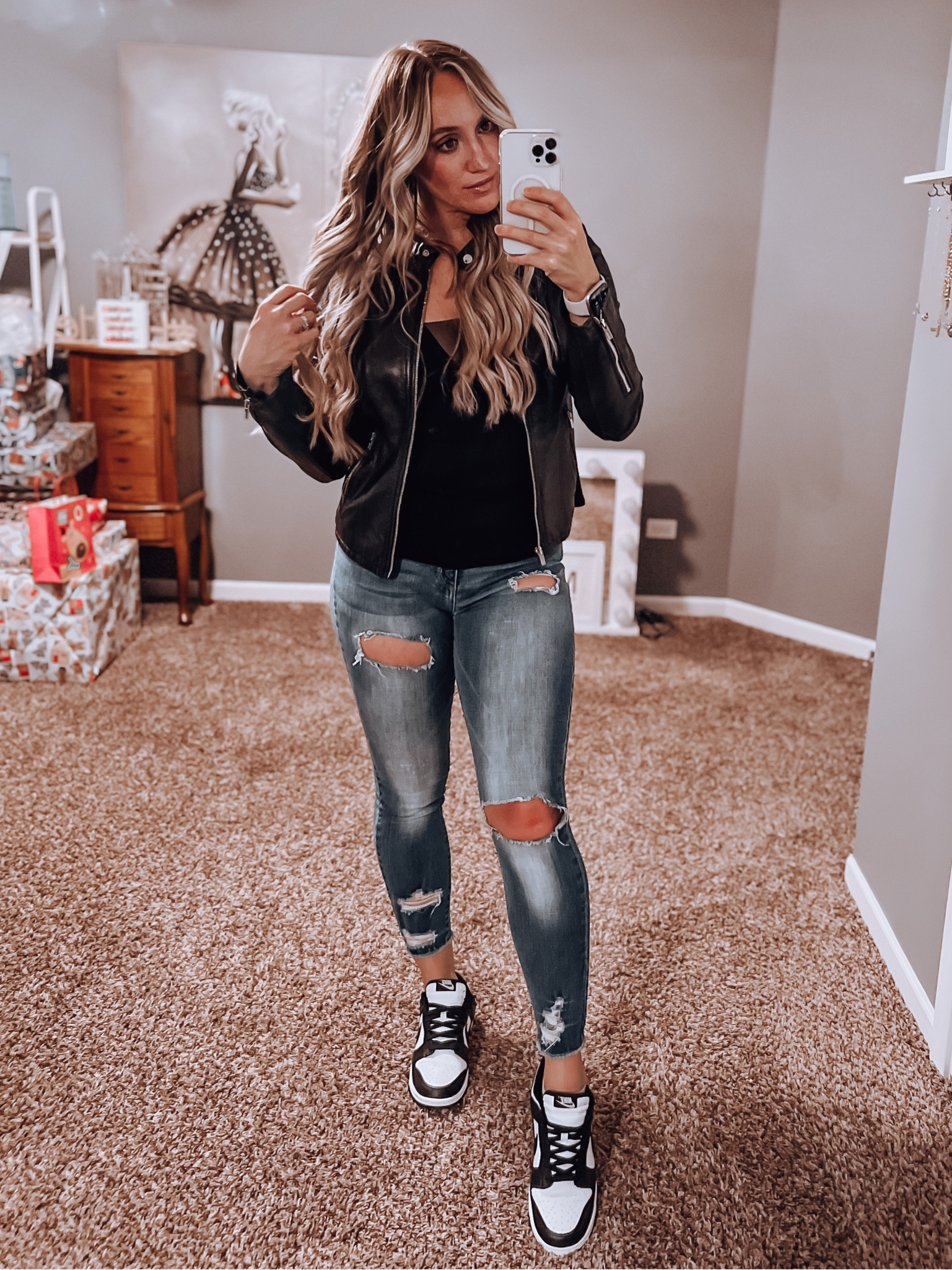 Date night outfit.  Casual outfit idea. Jeans. Distressed jeans. Skinny jeans. Panda dunks. Nike dunks. Jordan’s. Leather jacket. Black bodysuit. Girls night out outfit. Gold jewelry. Amazon fashion. Amazon outfits, winter outfit, winter outfit idea, sneakers, gym shoes

#LTKsalealert #LTKstyletip #LTKfindsunder50